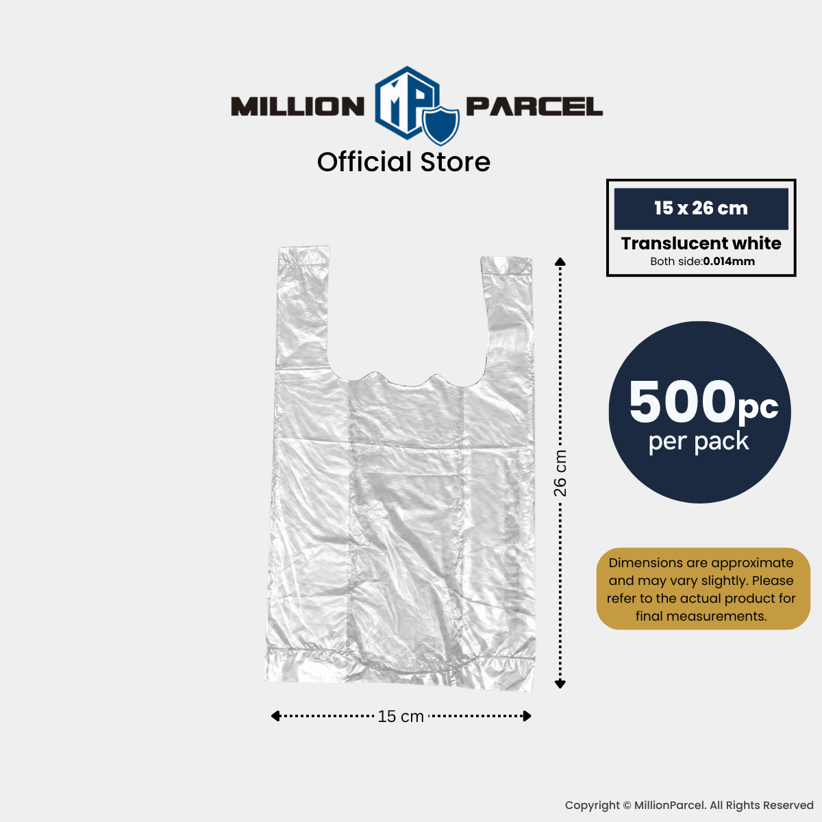 Clear handled takeaway bag, 15 by 26 cm, with translucent finish.