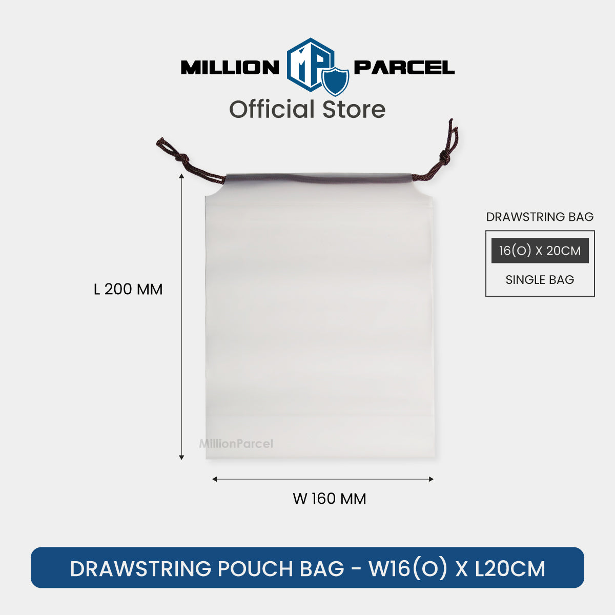White semi-transparent PE drawstring pouch bag with dark drawcord, rectangular front view