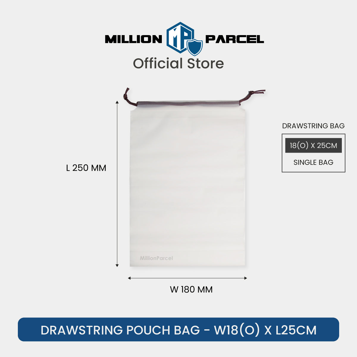 Drawstring pouch bag size diagram, L 250mm x W 180mm, single bag