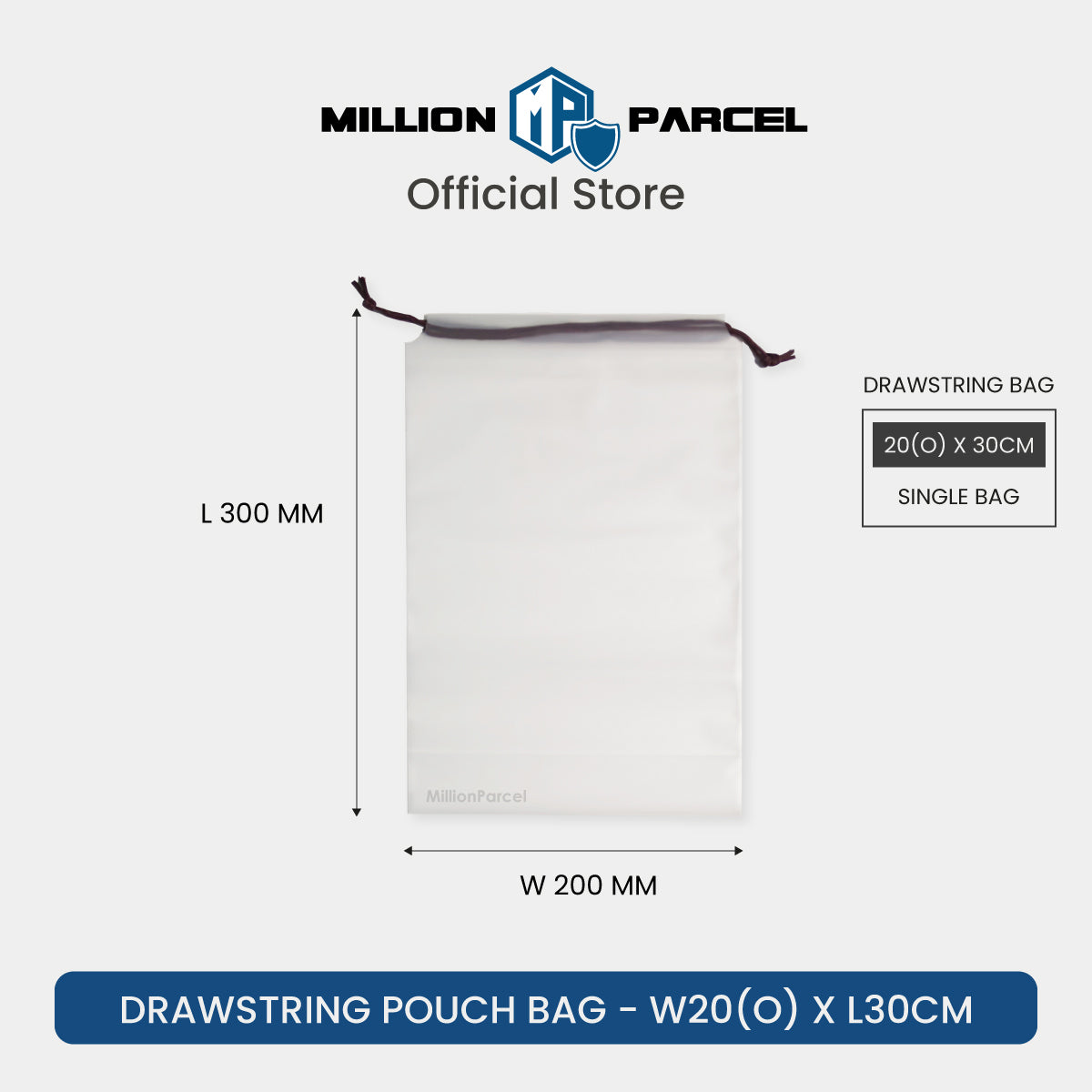 Drawstring pouch bag size diagram, L 300mm x W 200mm, single bag