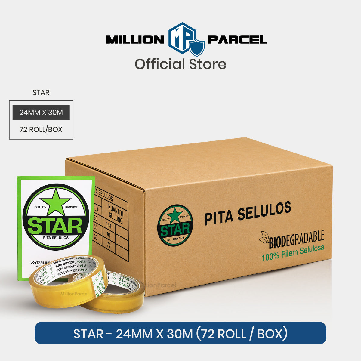Clear office packing tape roll on cardboard box, 24mm x 30m (72 rolls)