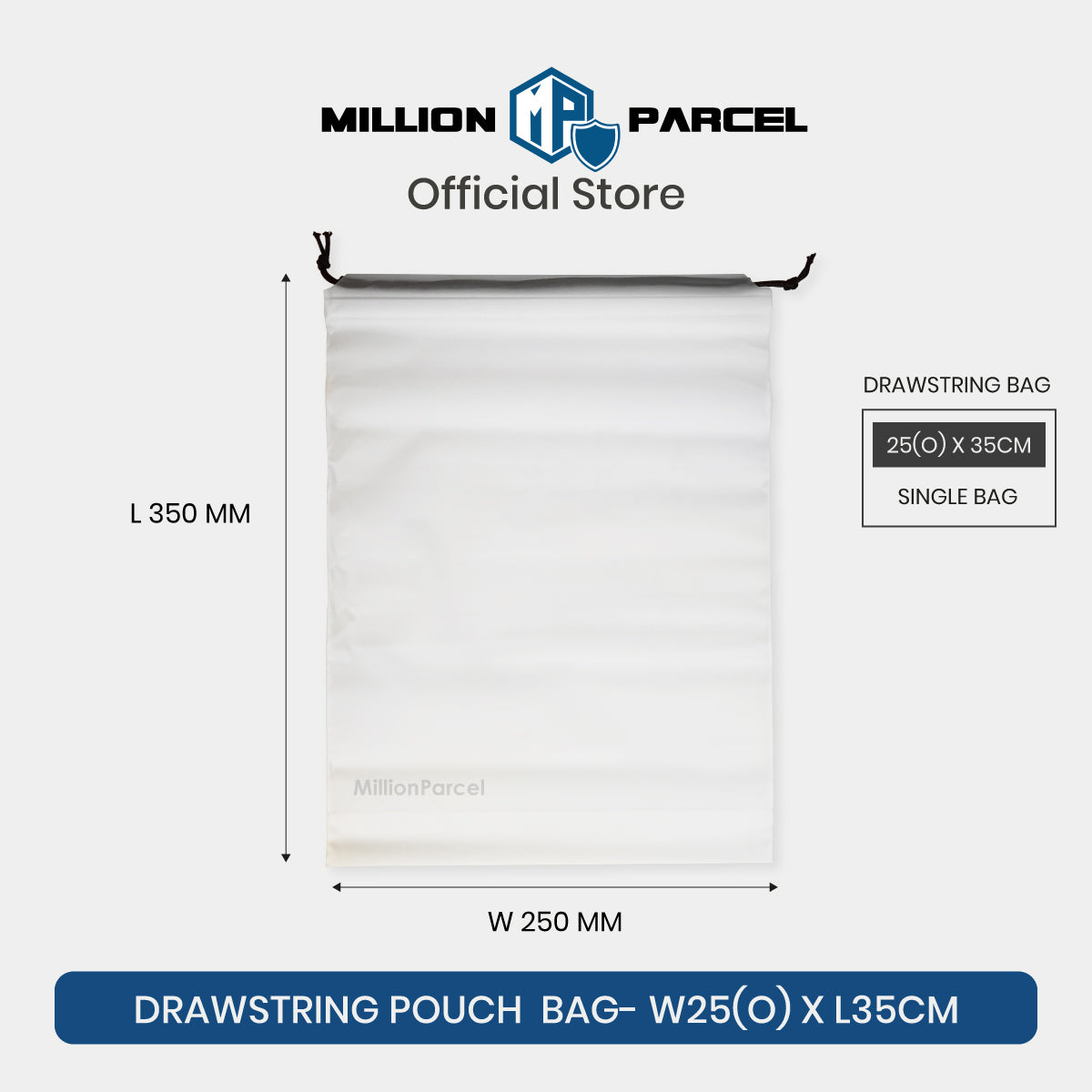 White semi-transparent PE drawstring pouch bag with black drawcord, rectangular front view