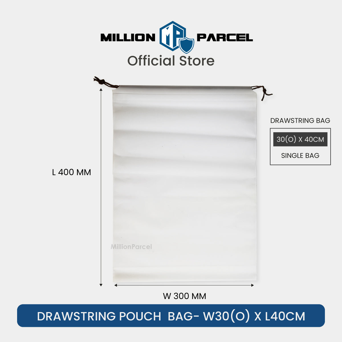 White semi-transparent PE drawstring pouch bag with black drawcord, rectangular front view