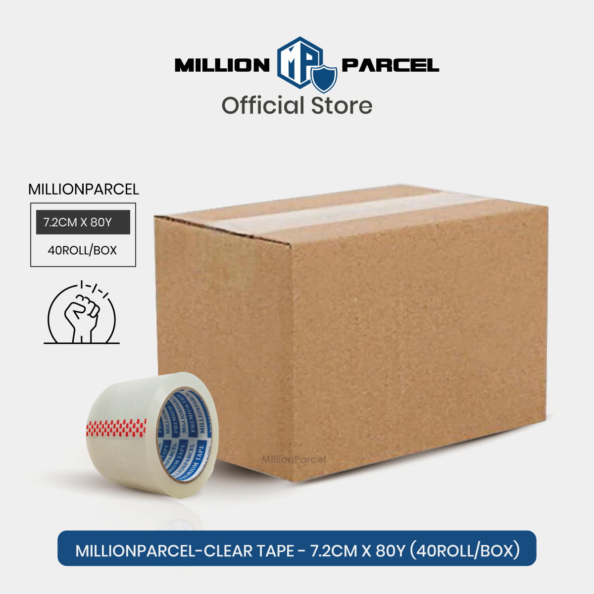 Clear adhesive packaging tape 72 mm x 80 yds shown with cardboard box
