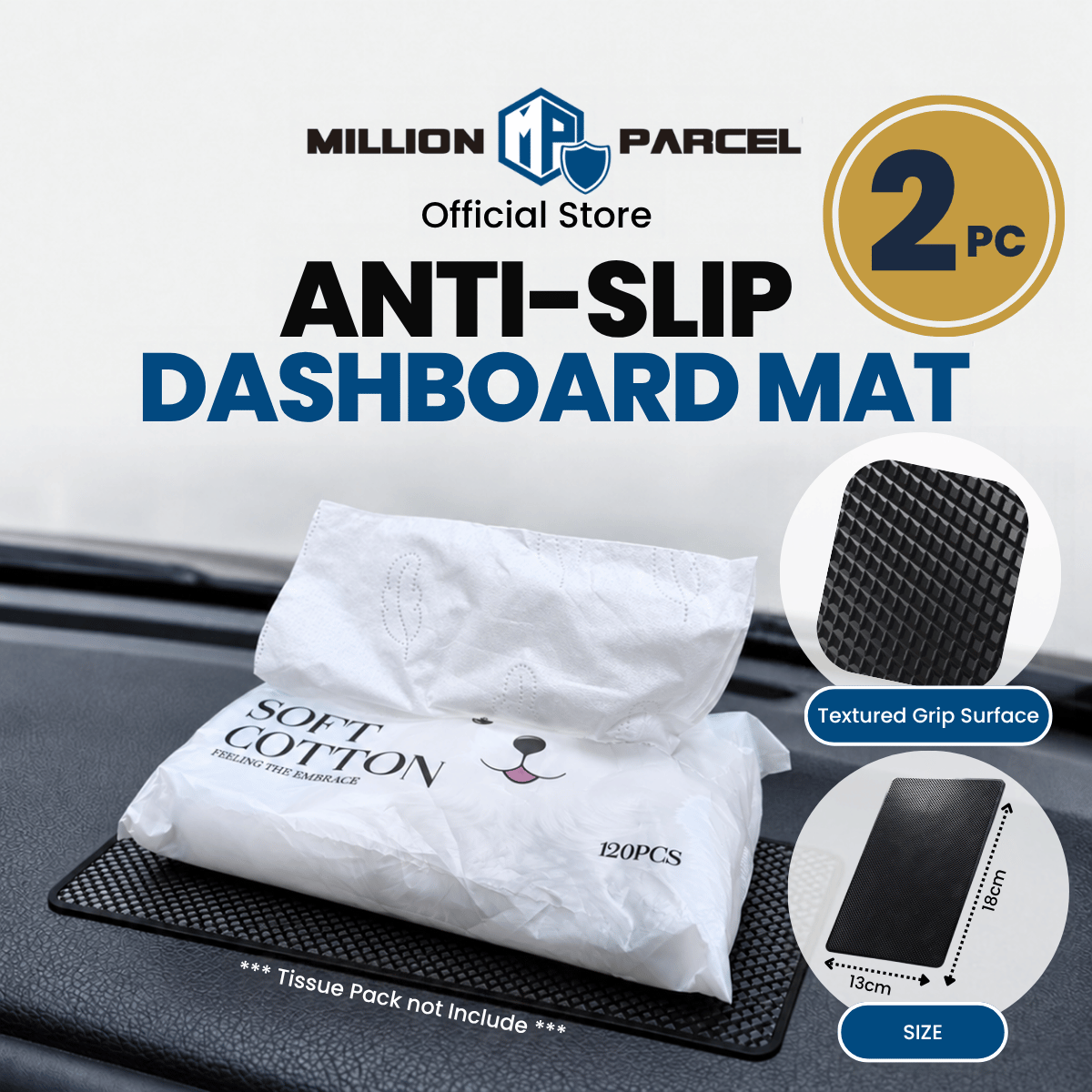 Anti-slip dashboard mat with textured grip surface, 2-piece size