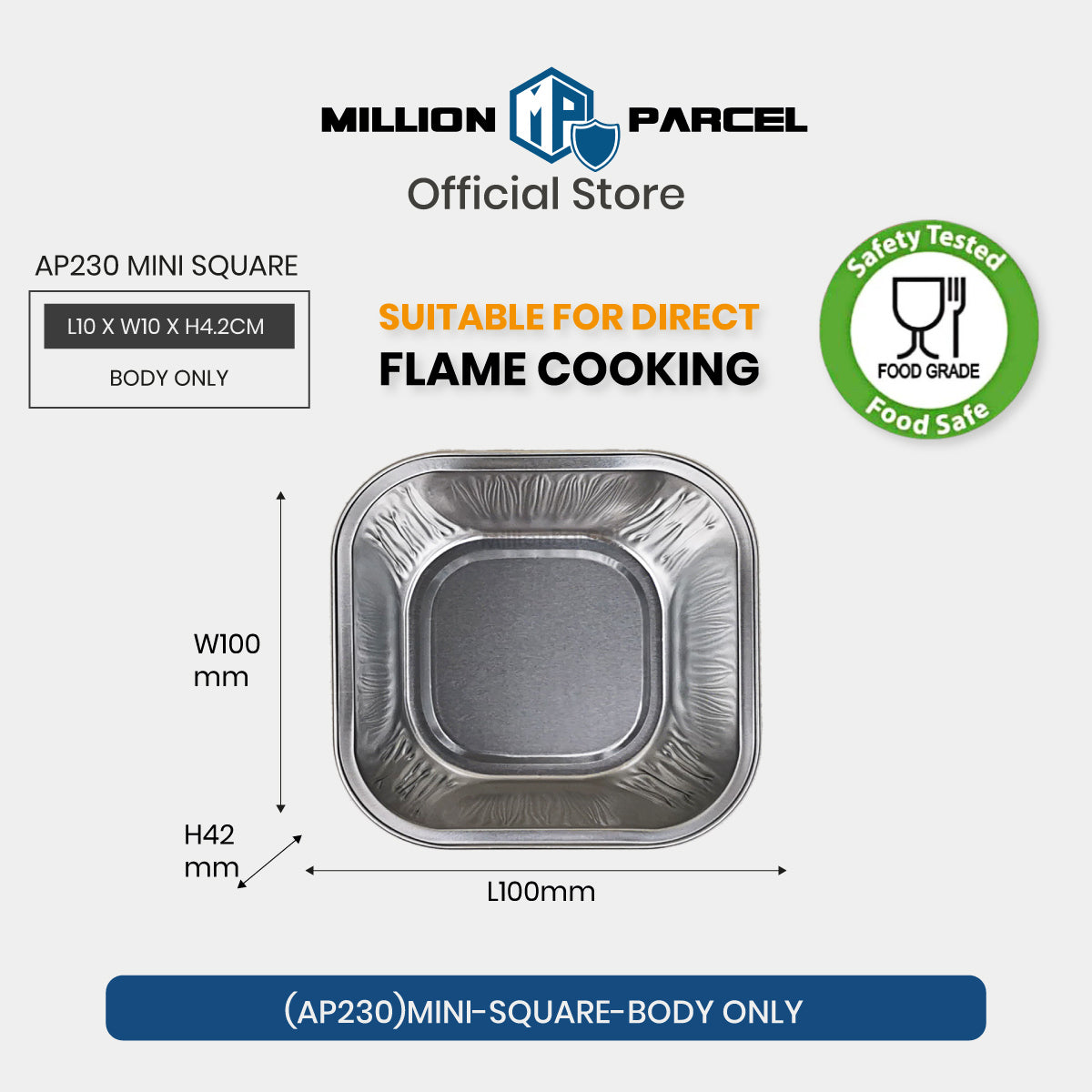 Mini square aluminium foil container body only, crimped edge and recessed tray base