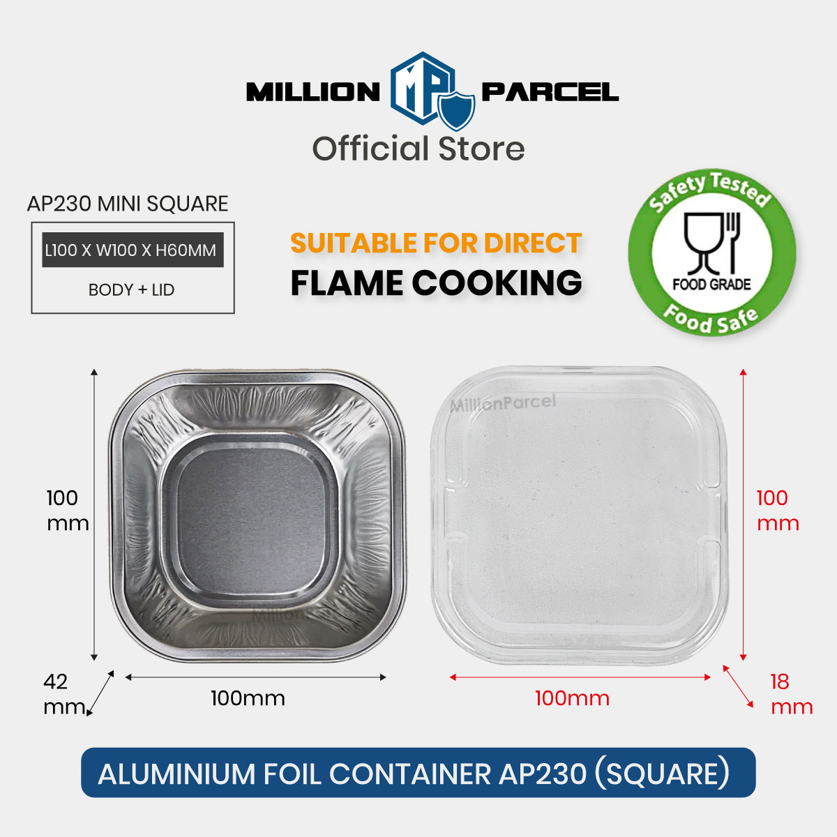 Mini square aluminium foil container with clear lid, crimped rim and flat cornered base
