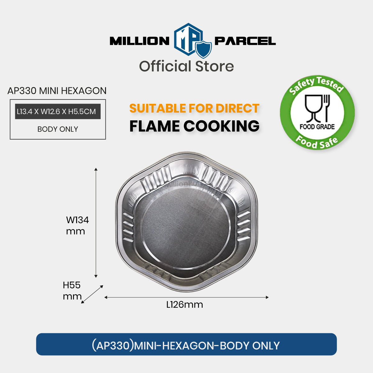 Mini hexagon aluminium foil container body only, crimped rim and recessed foil base