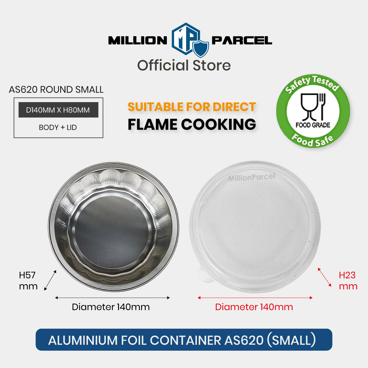 Small round aluminium foil container with clear lid, reflective foil base and domed clear cover