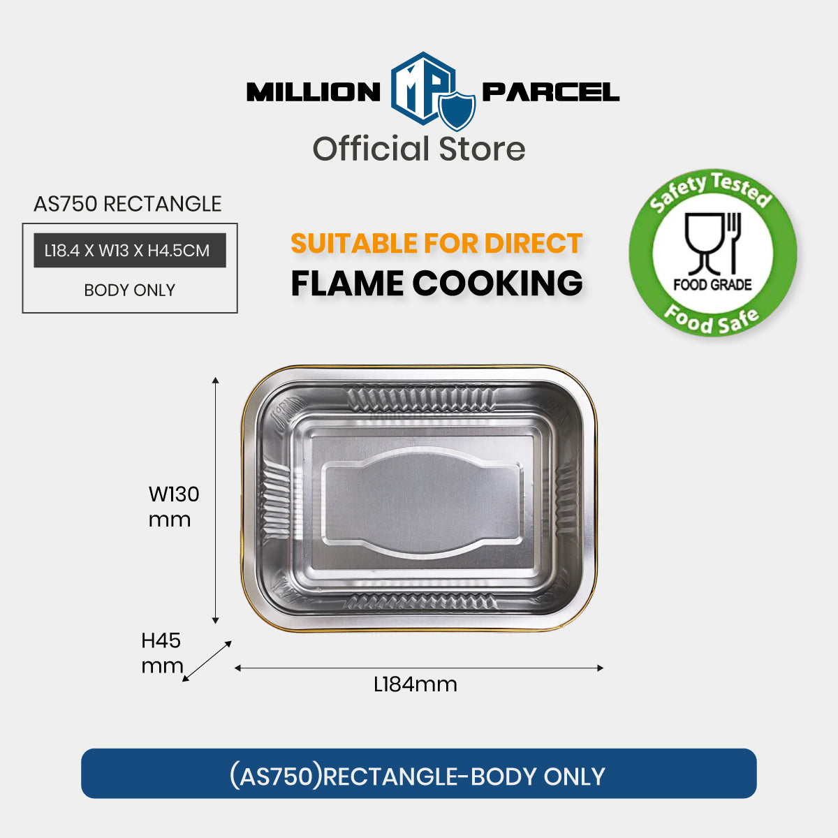 Rectangular aluminium foil container body only, crimped border and molded tray well