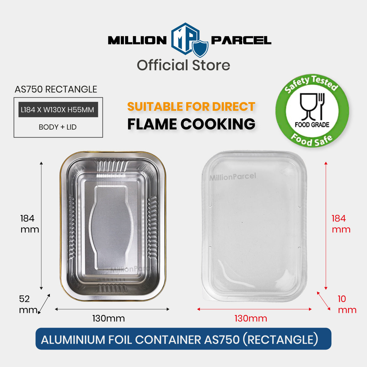 Rectangular aluminium foil container with clear lid, crimped edges and recessed base tray