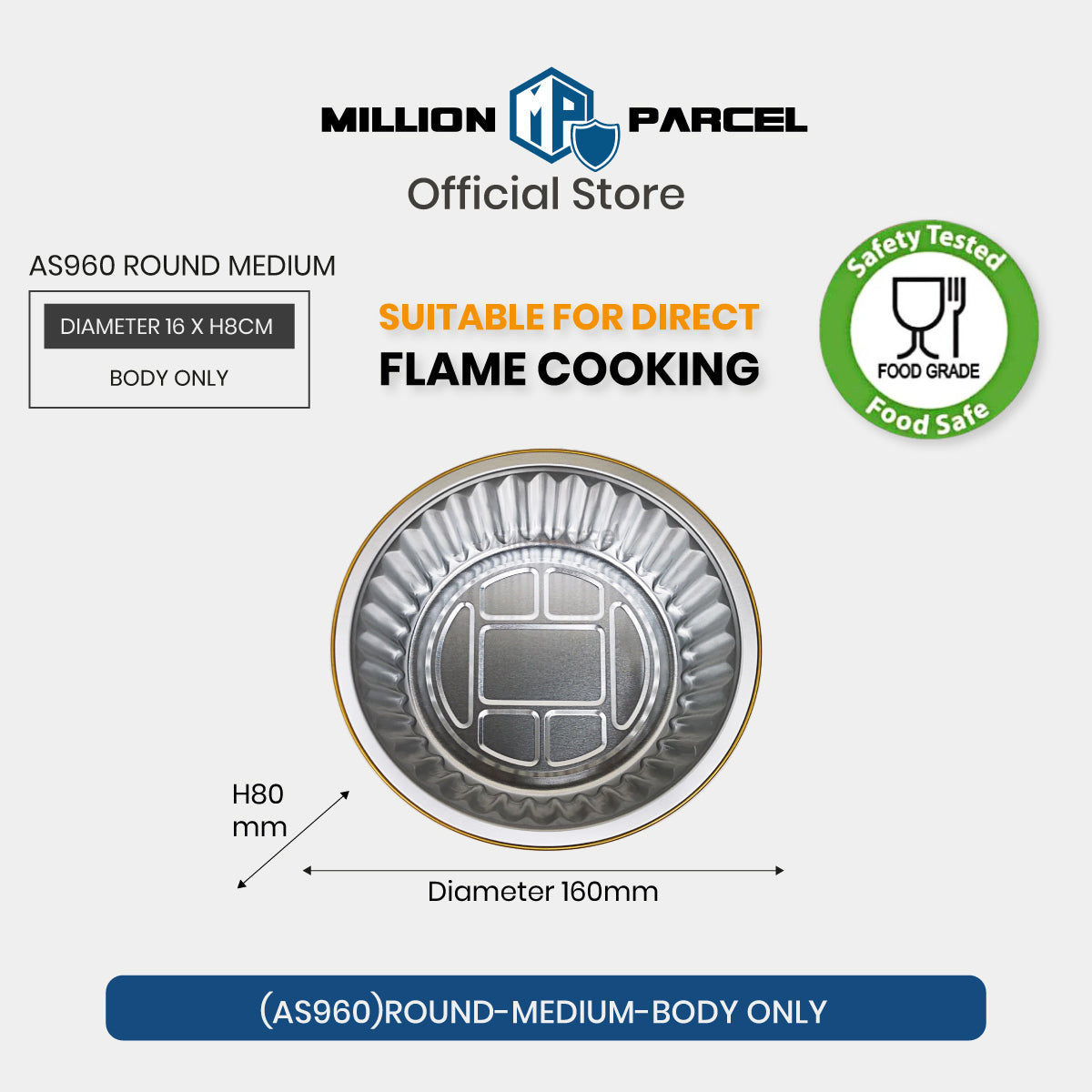 Round medium aluminium foil tray, AS960, body only, 160mm diameter, H80mm