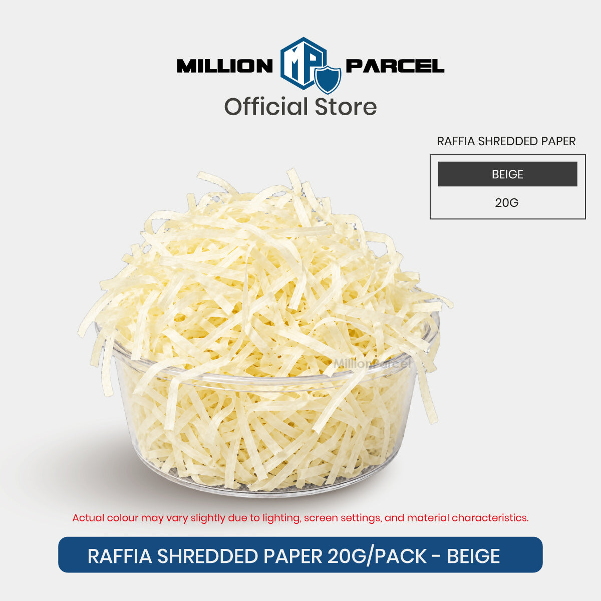 Raffia-style shredded paper gift filler in beige, crinkle strips in a clear round tub