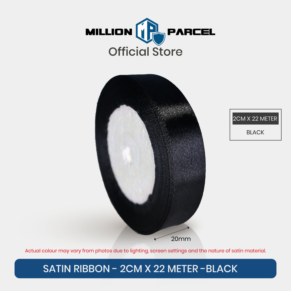 2cm x 22m satin ribbon roll in black, glossy satin edge
