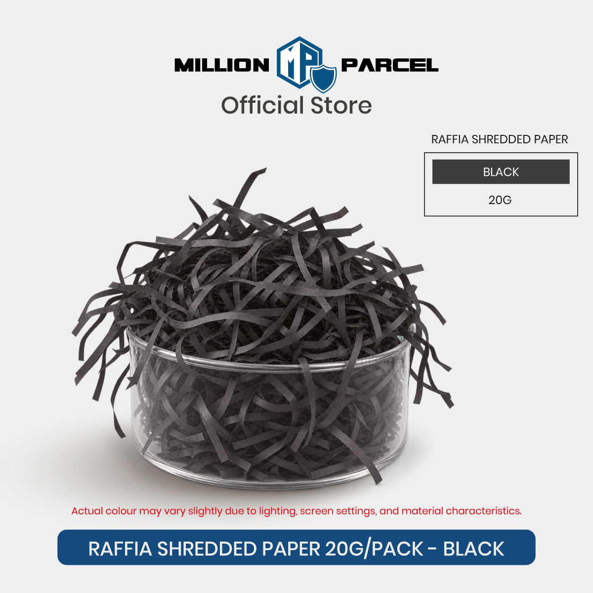 Raffia-style shredded paper gift filler in black, crinkle strips in a clear round tub