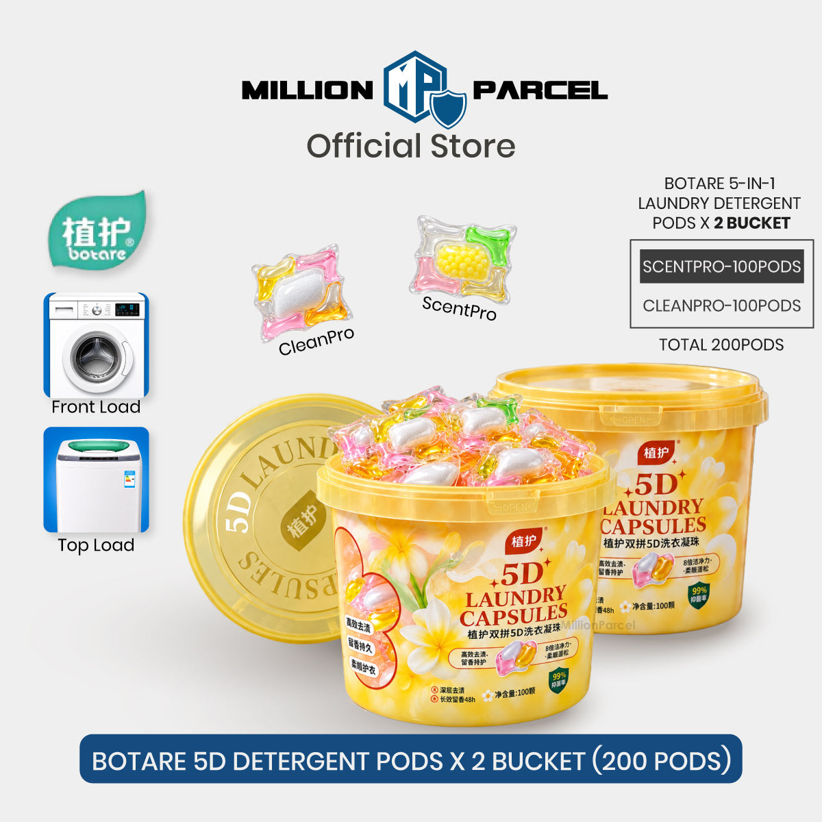 Two yellow laundry detergent pod buckets with colorful CleanPro and ScentPro capsules.