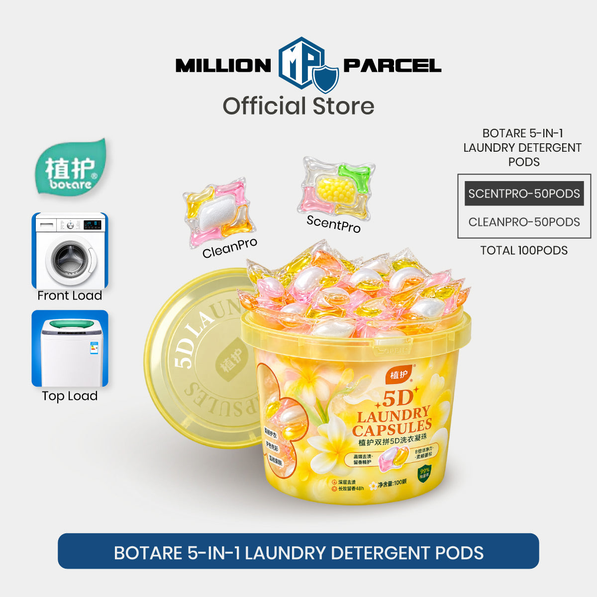 Yellow bucket of 5D laundry detergent pods with assorted colorful capsules.