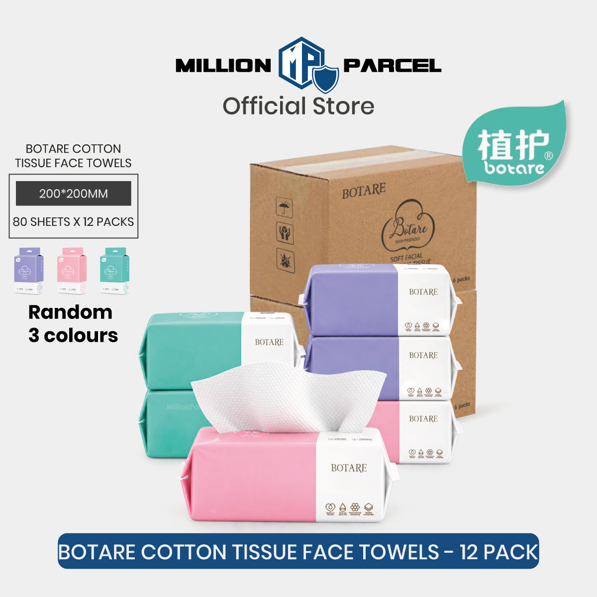 Disposable cotton tissue face towels in pastel teal, pink, and purple packs