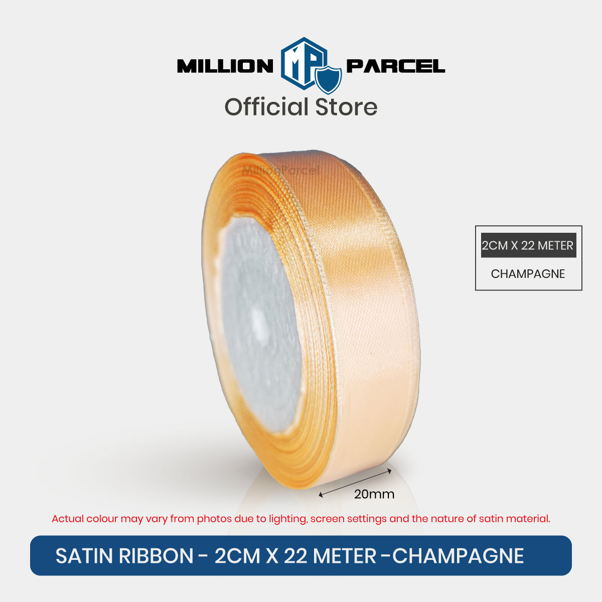 2cm x 22m satin ribbon roll in champagne, glossy satin edge
