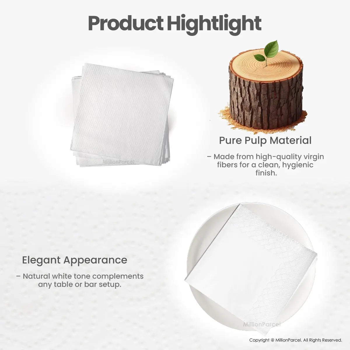 Cocktail Napkin Pure Pulp Tissue 2-Ply | Napkin Tissue - MillionParcel
