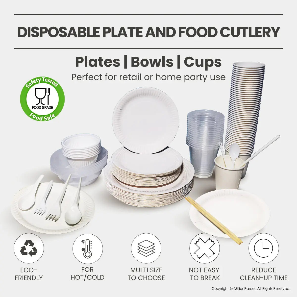 Premium Disposable Tableware | Disposable Cutlery - Plates, Cup, Bowl, Spoons, Forks, Straw, Stirrer, Chopsticks - MillionParcel