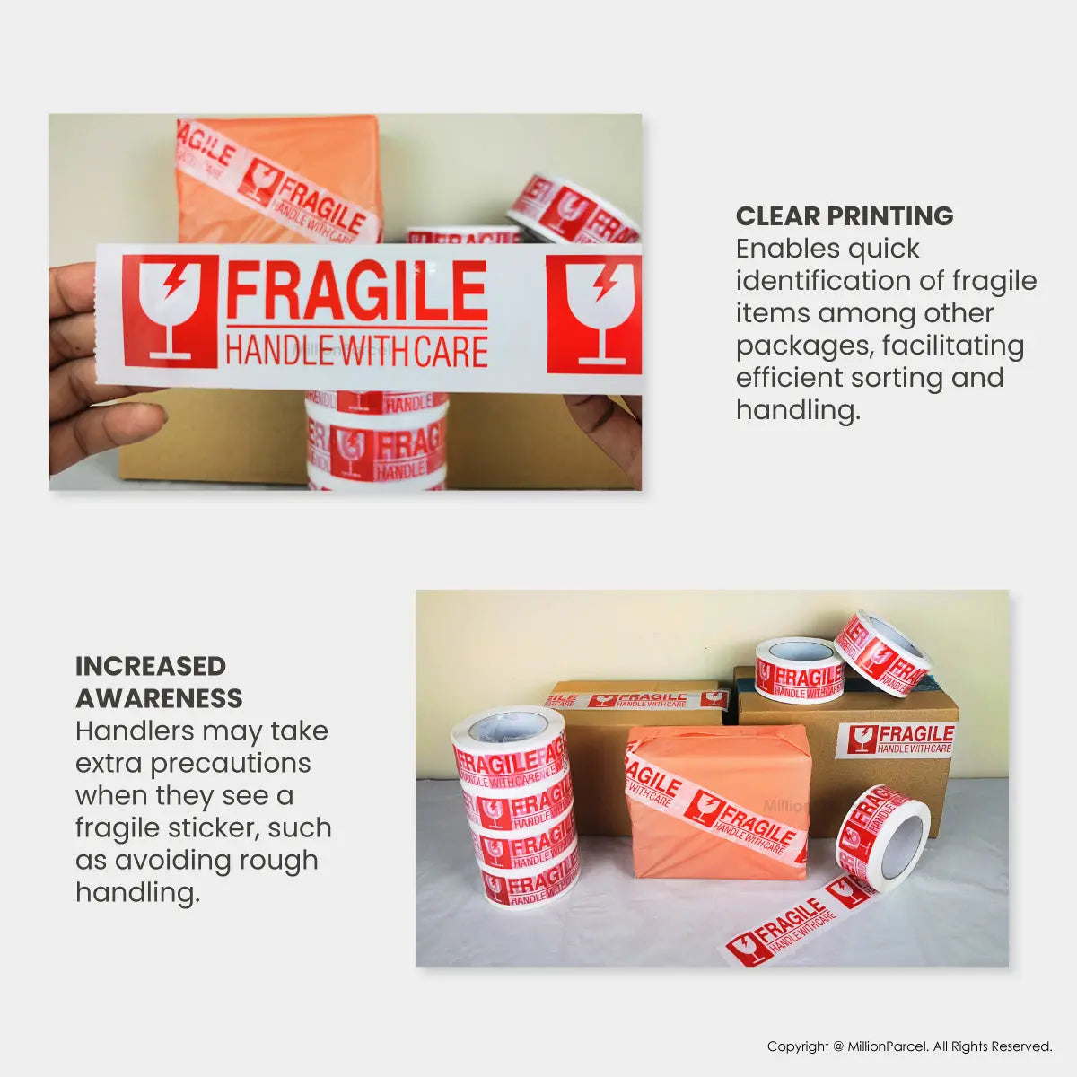 Fragile Adhesive Tape - Ensure your fragile items arrive safely - MillionParcel