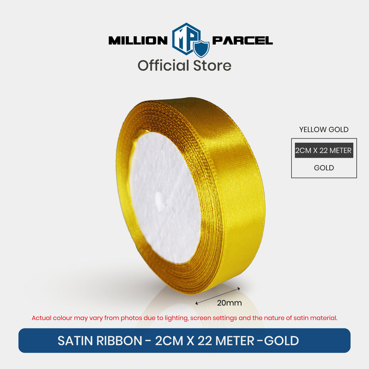 2cm x 22m satin ribbon roll in gold, glossy satin edge