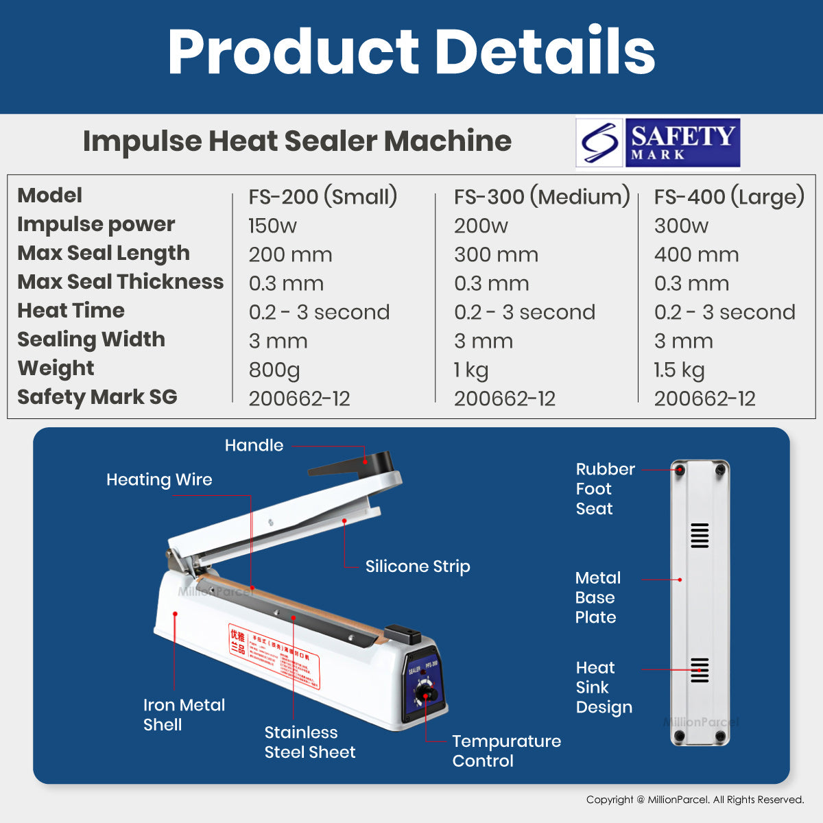 Impulse heat sealer machine with handle, heating strip, and temperature control panel