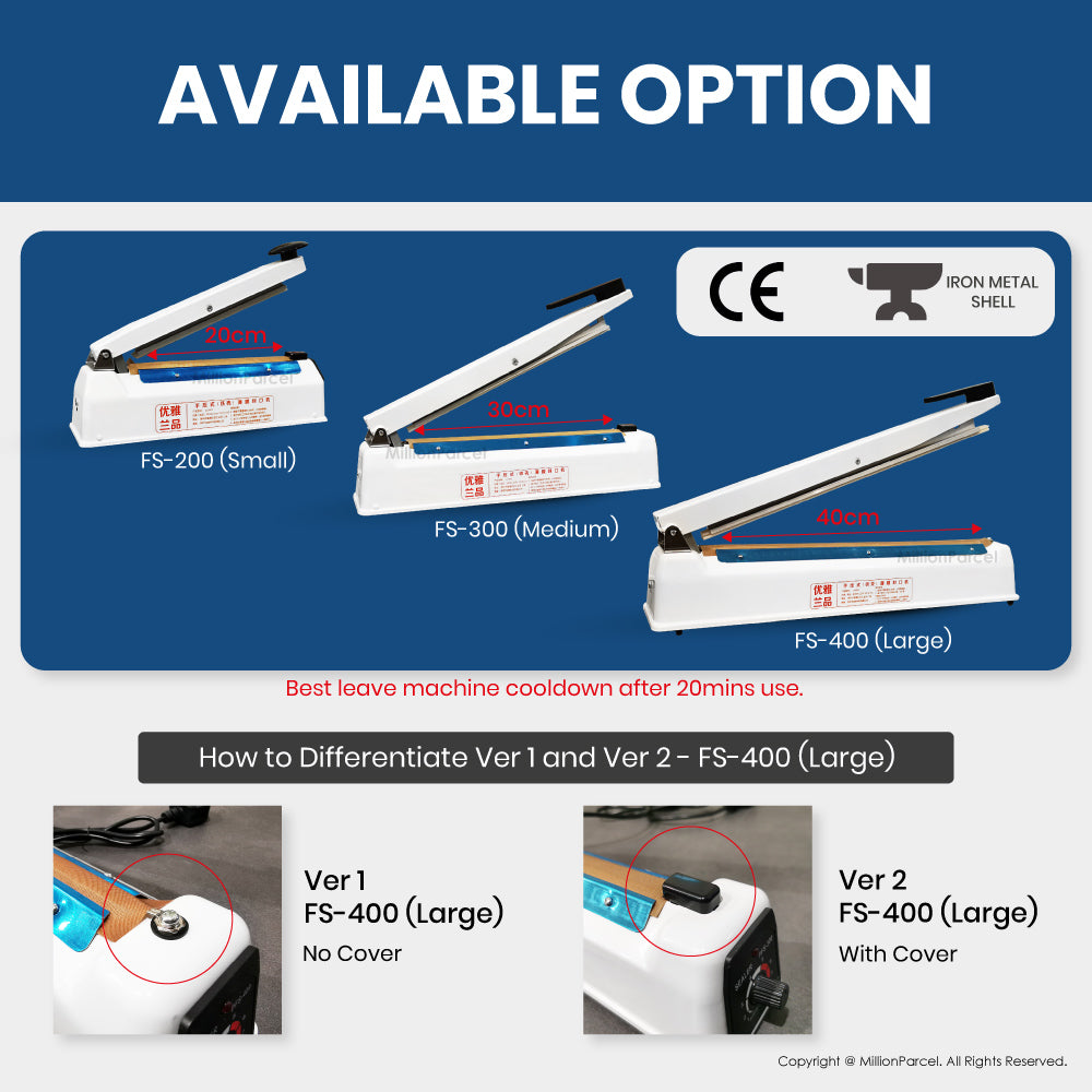 Impulse heat sealer machine options shown: small, medium, and large models
