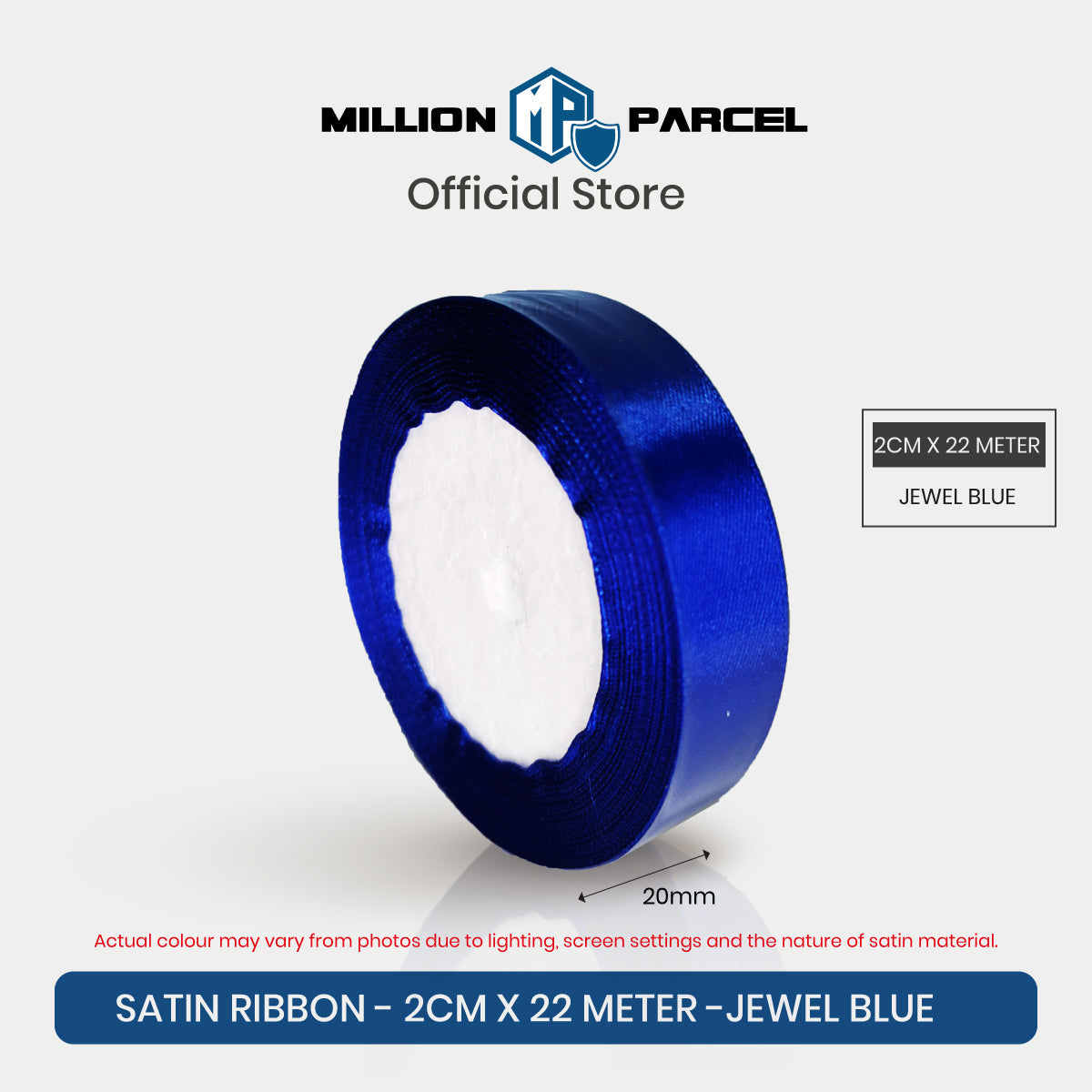 2cm x 22m satin ribbon roll in jewel blue, glossy satin edge