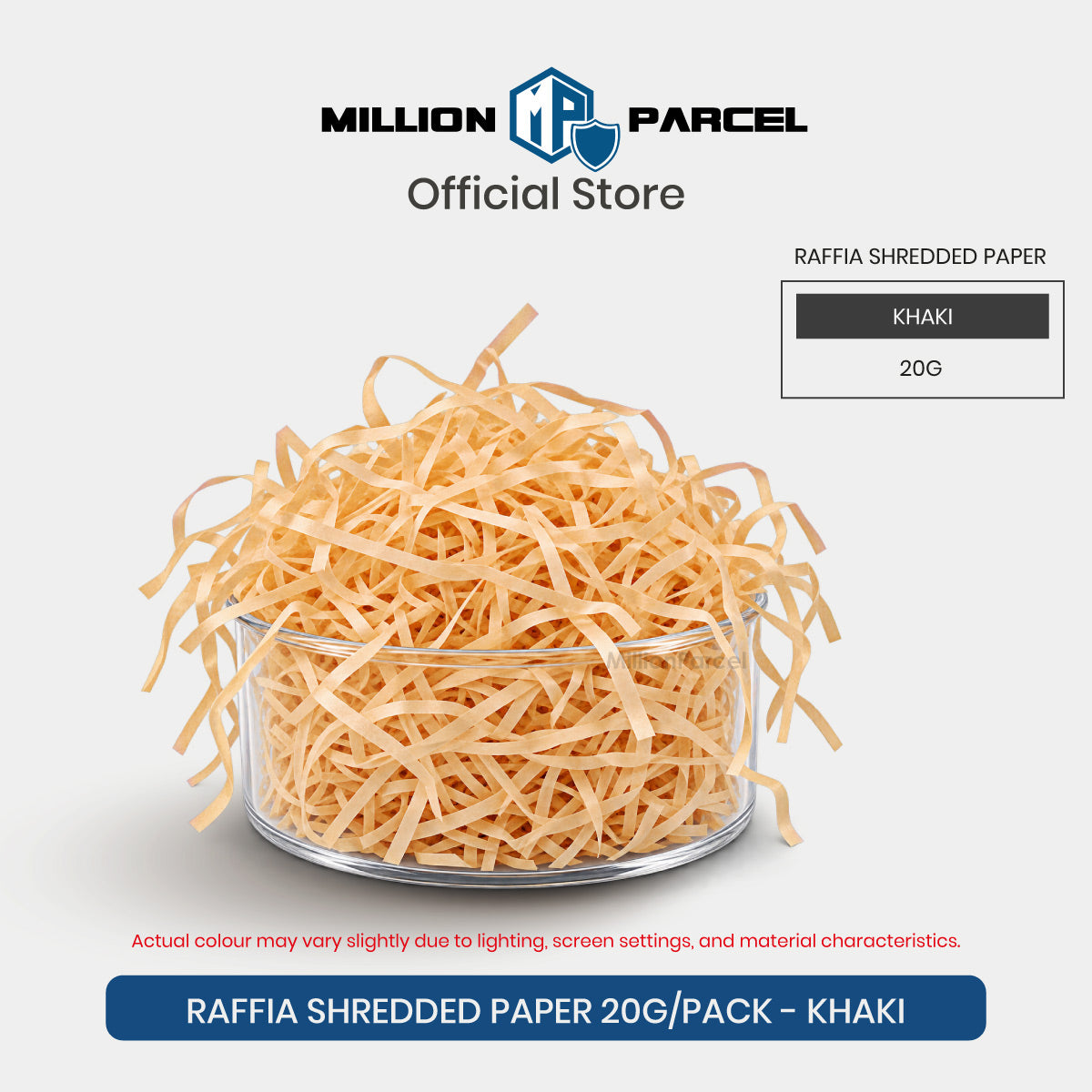 Raffia-style shredded paper gift filler in khaki, crinkle strips in a clear round tub