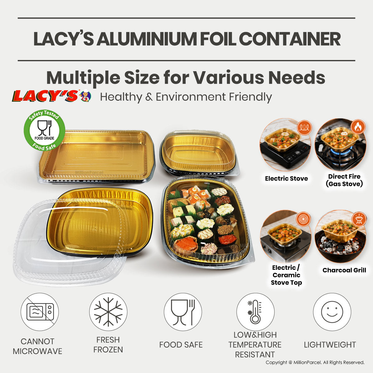 Lacy's Smooth Wall Aluminium Foil Food Container with Clear Lid