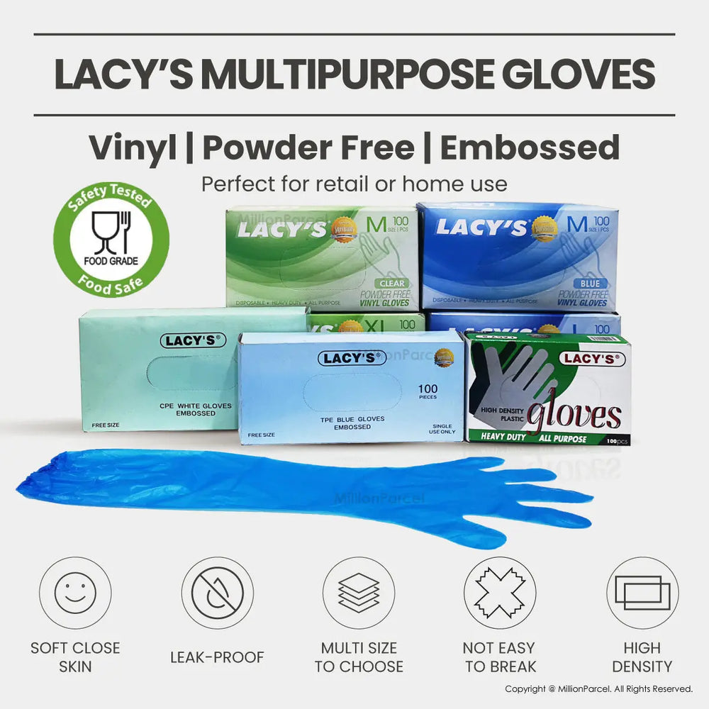 Lacy's Multipurpose Gloves Powder Free | HDPE/TPE/Vinyl Gloves | 100pc/box