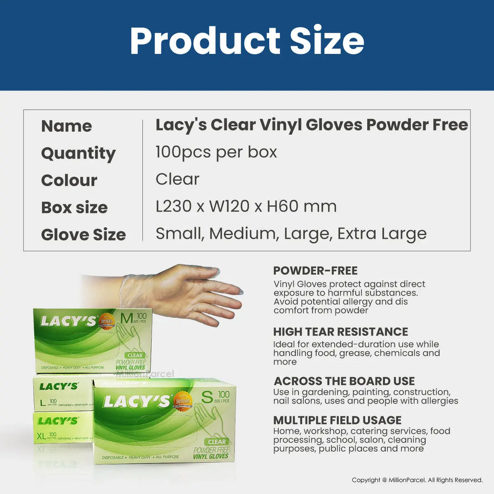 Lacy's Multipurpose Gloves Powder Free | HDPE/TPE/Vinyl Gloves | 100pc/box