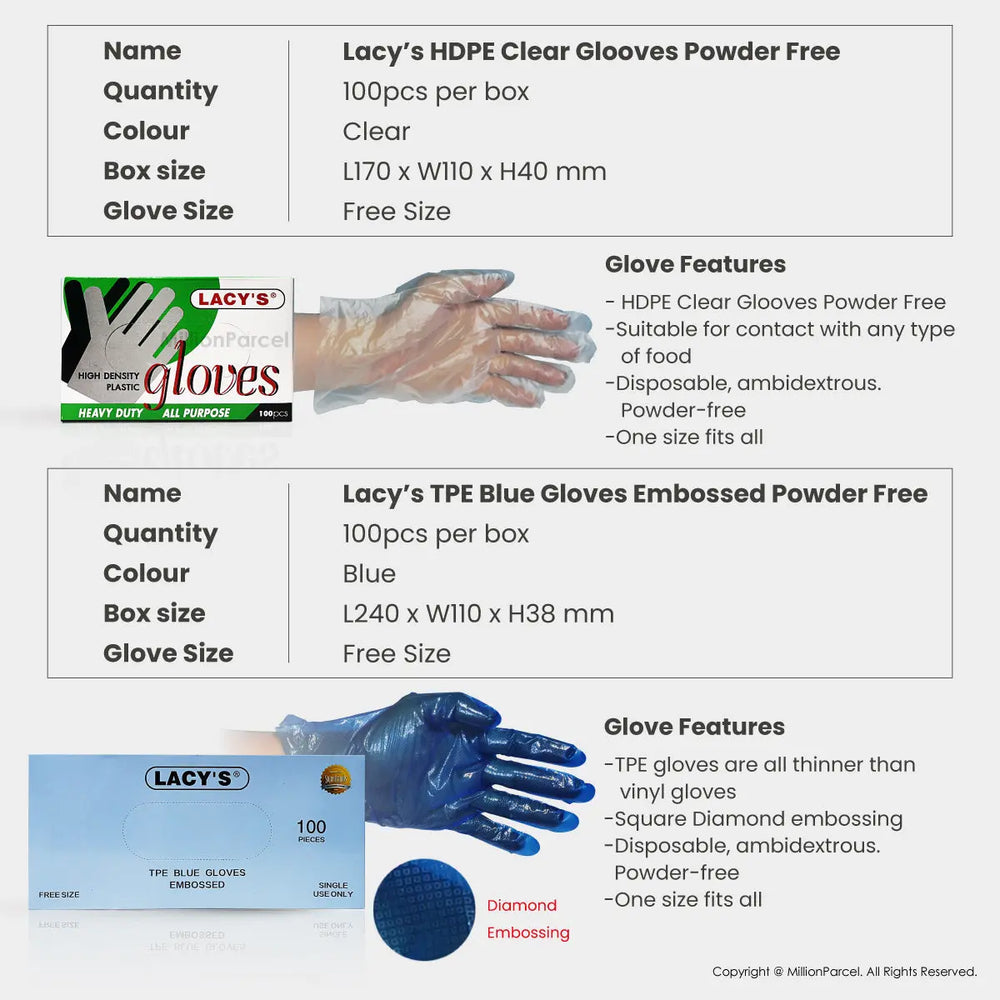 Lacy's Multipurpose Gloves Powder Free | HDPE/TPE/Vinyl Gloves | 100pc/box