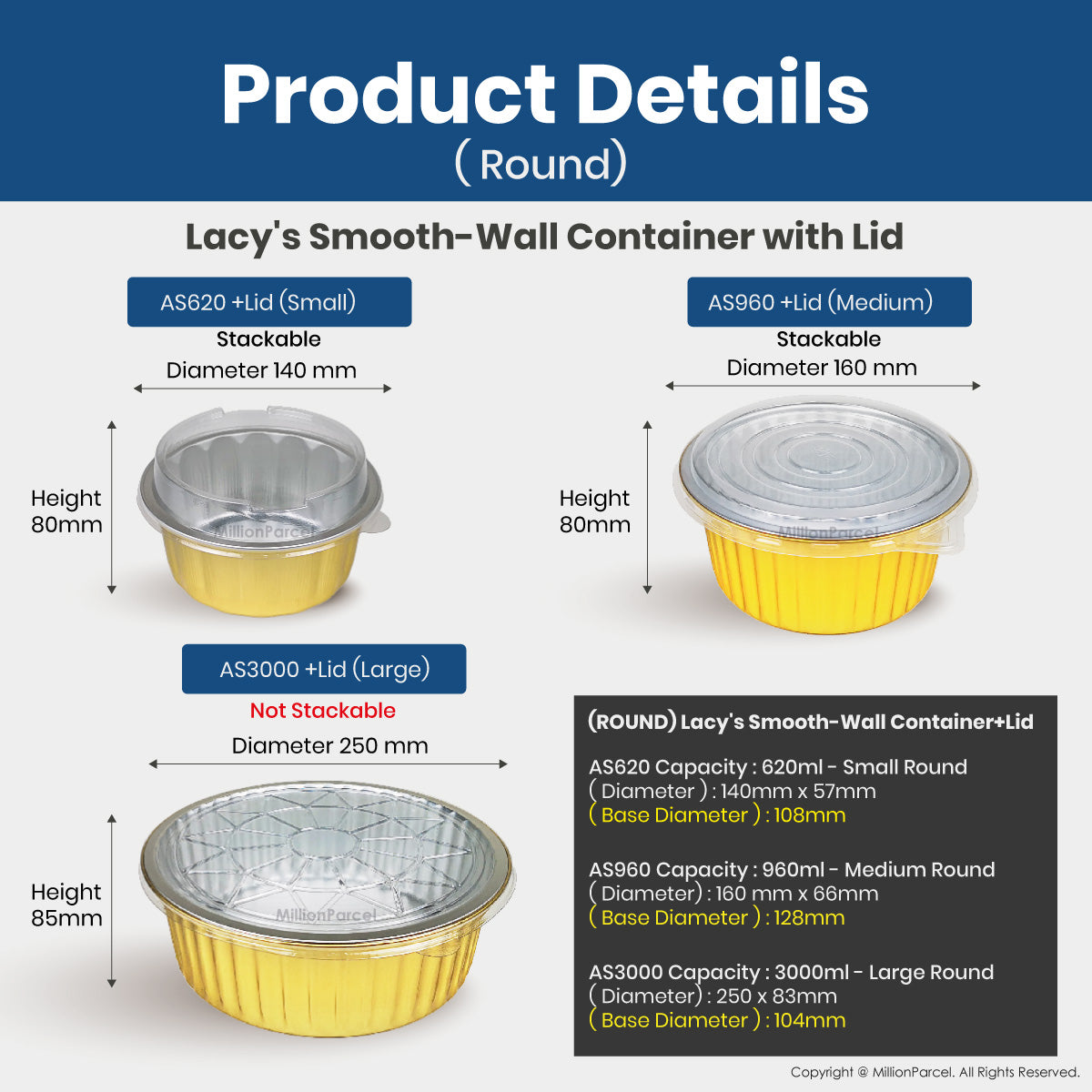 Round aluminium foil containers with clear lids and yellow bases, three sizes