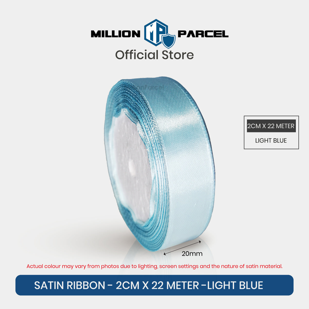 2cm x 22m satin ribbon roll in light blue, glossy satin edge