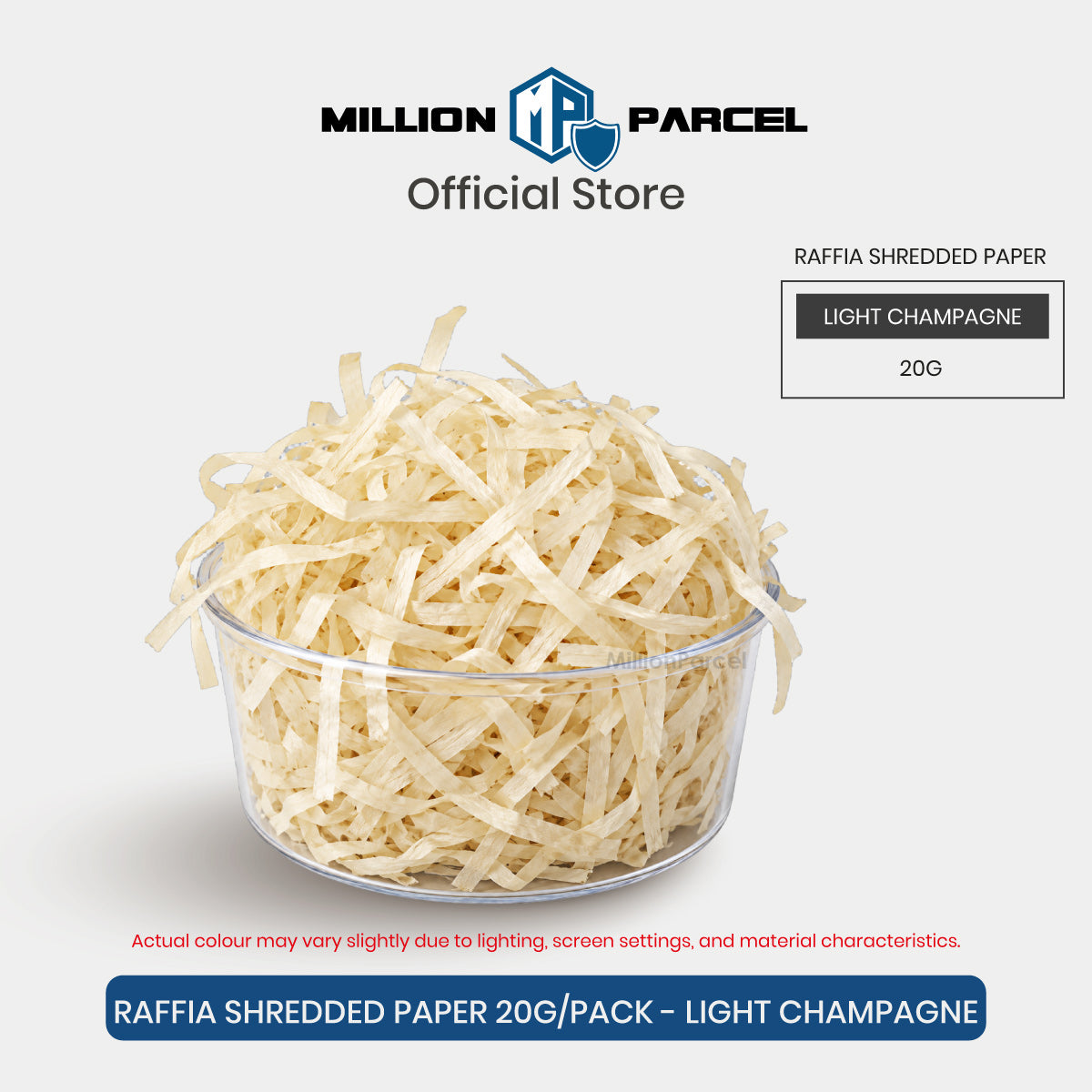 Raffia-style shredded paper gift filler in light champagne, crinkle strips in a clear round tub