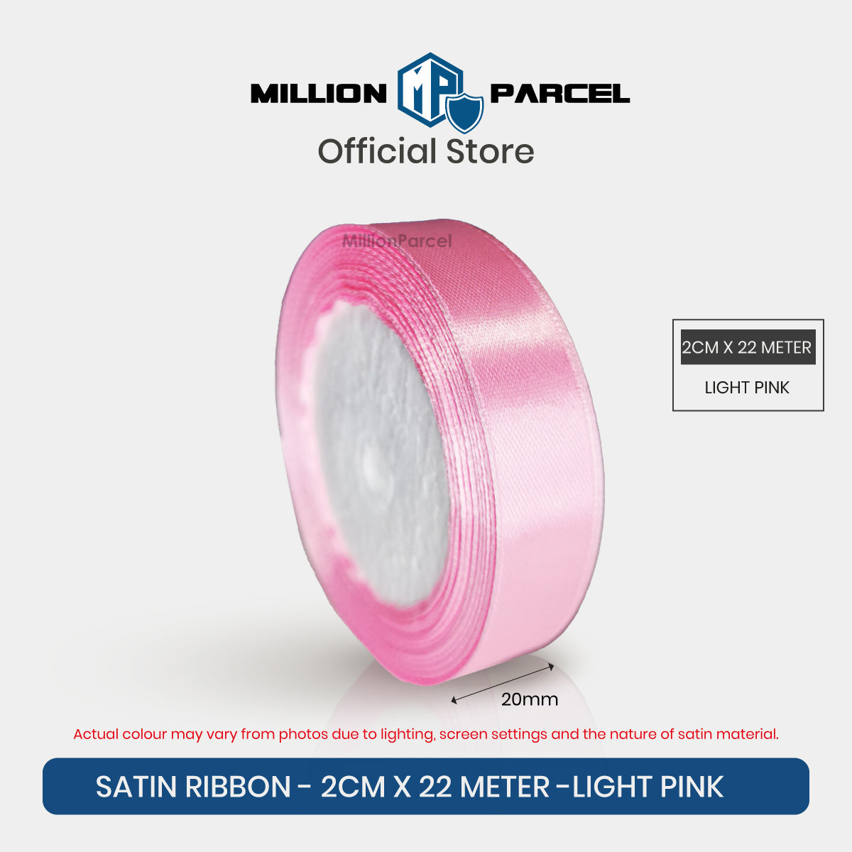 Light pink satin ribbon roll, 2 cm wide and 22 m long, gift wrapping ribbon spool
