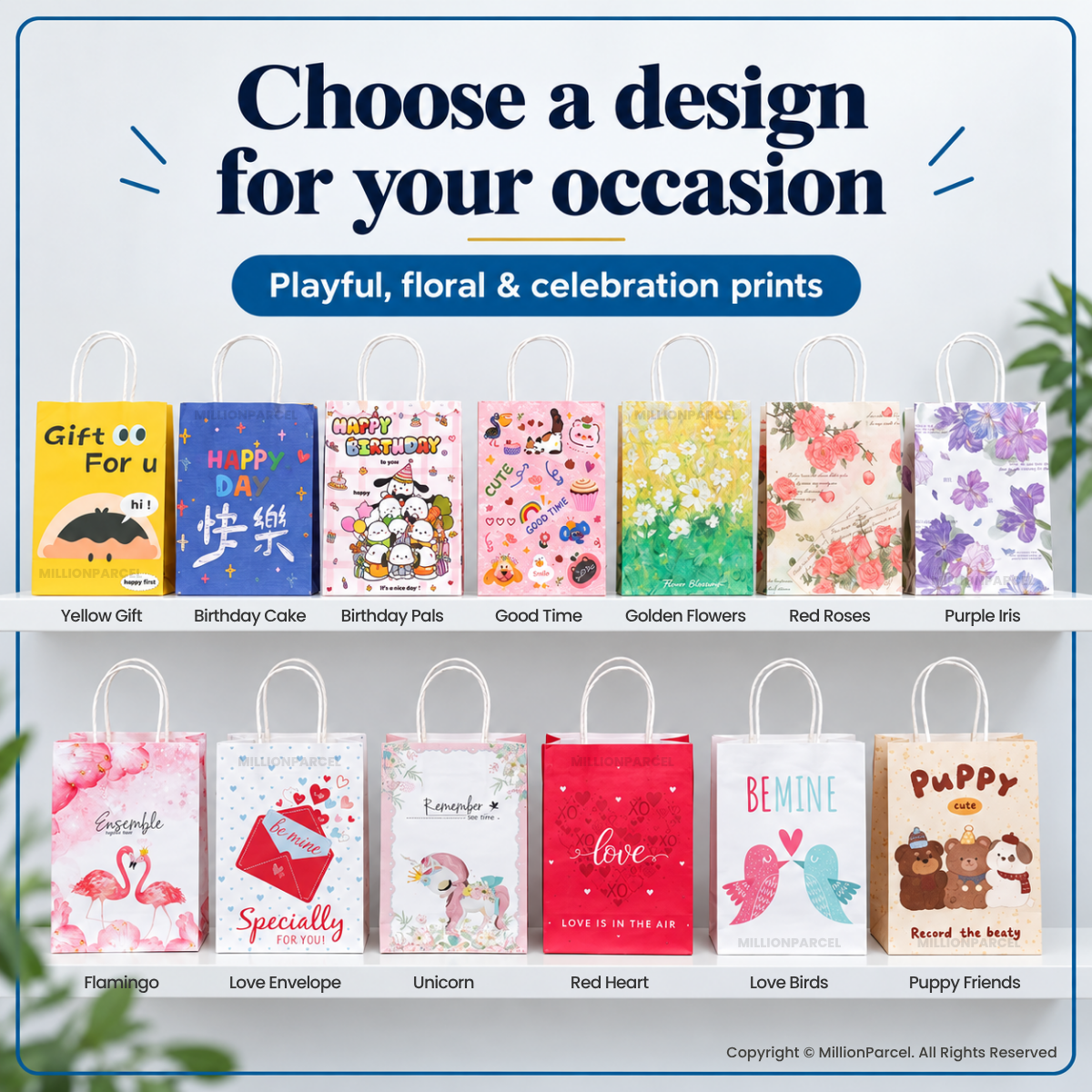 Printed paper gift bags lineup with twisted handles in multiple floral and themed designs.