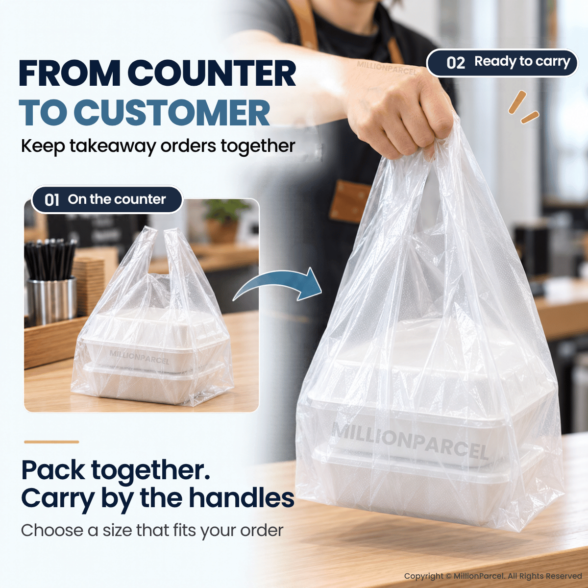 Clear handled takeaway bag carrying a food container; smaller inset shows it on a counter.