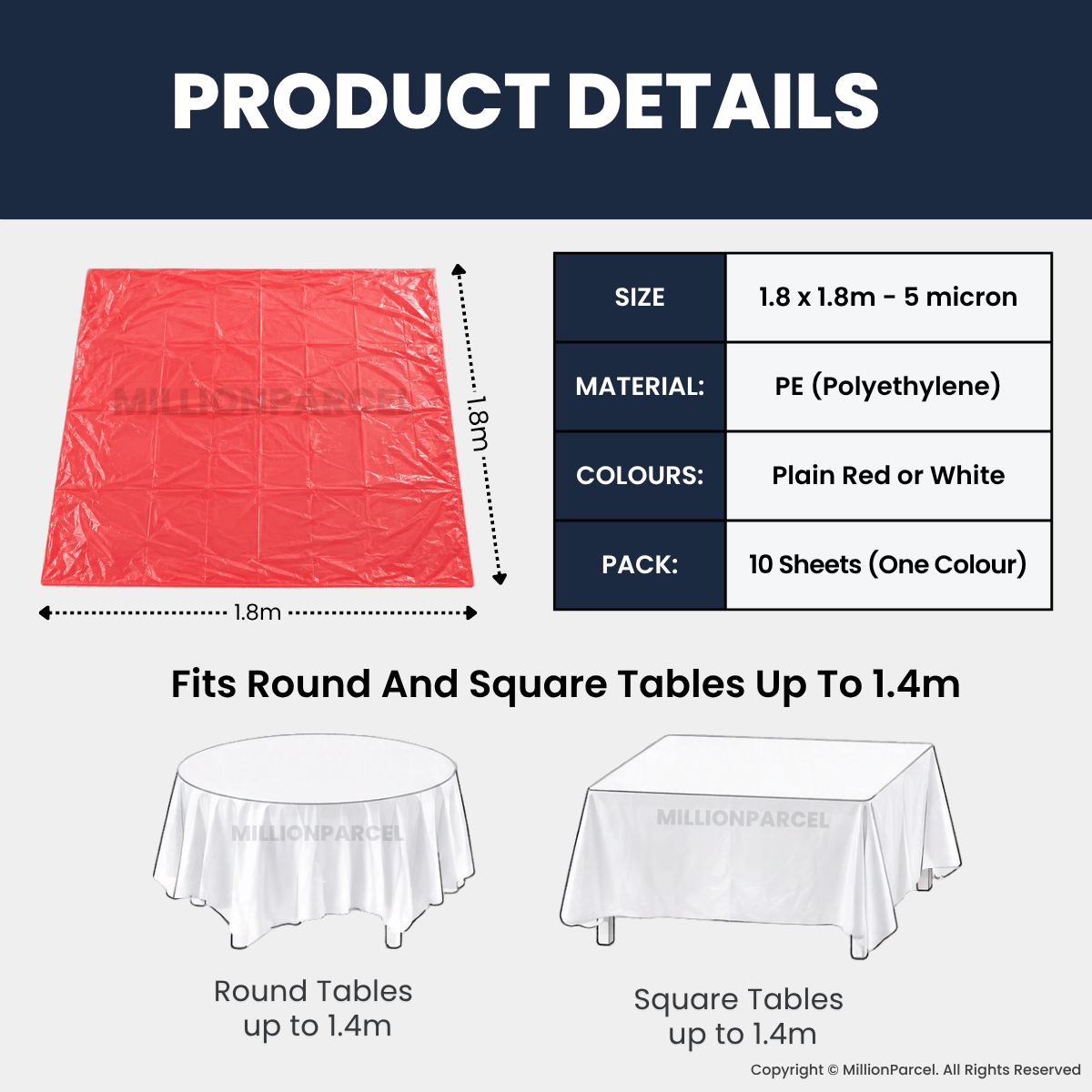 Disposable Plastic Table Cover 1.8 x 1.8m – 10 Sheets