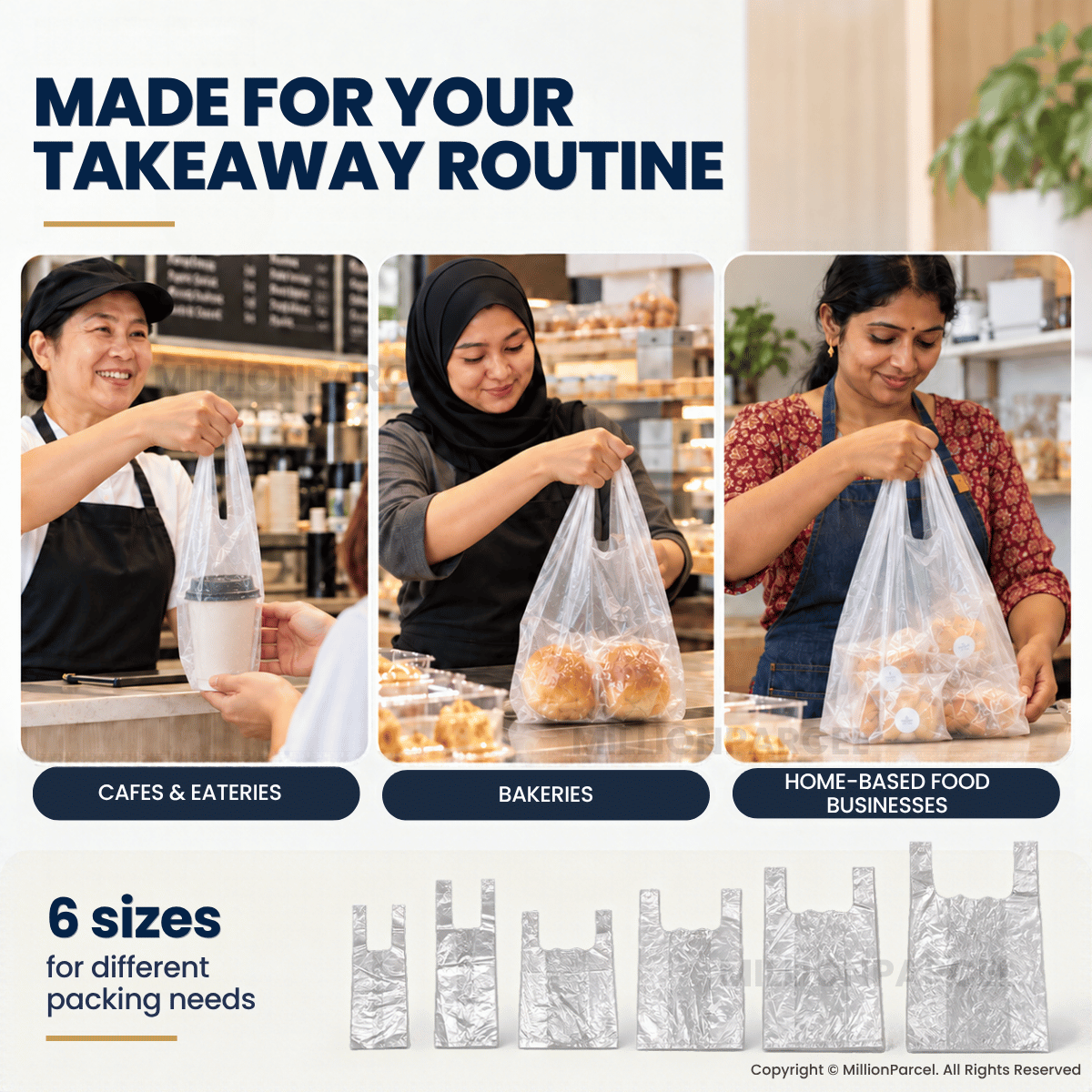 Clear plastic takeaway bags with handles shown in use for food orders and in several sizes.