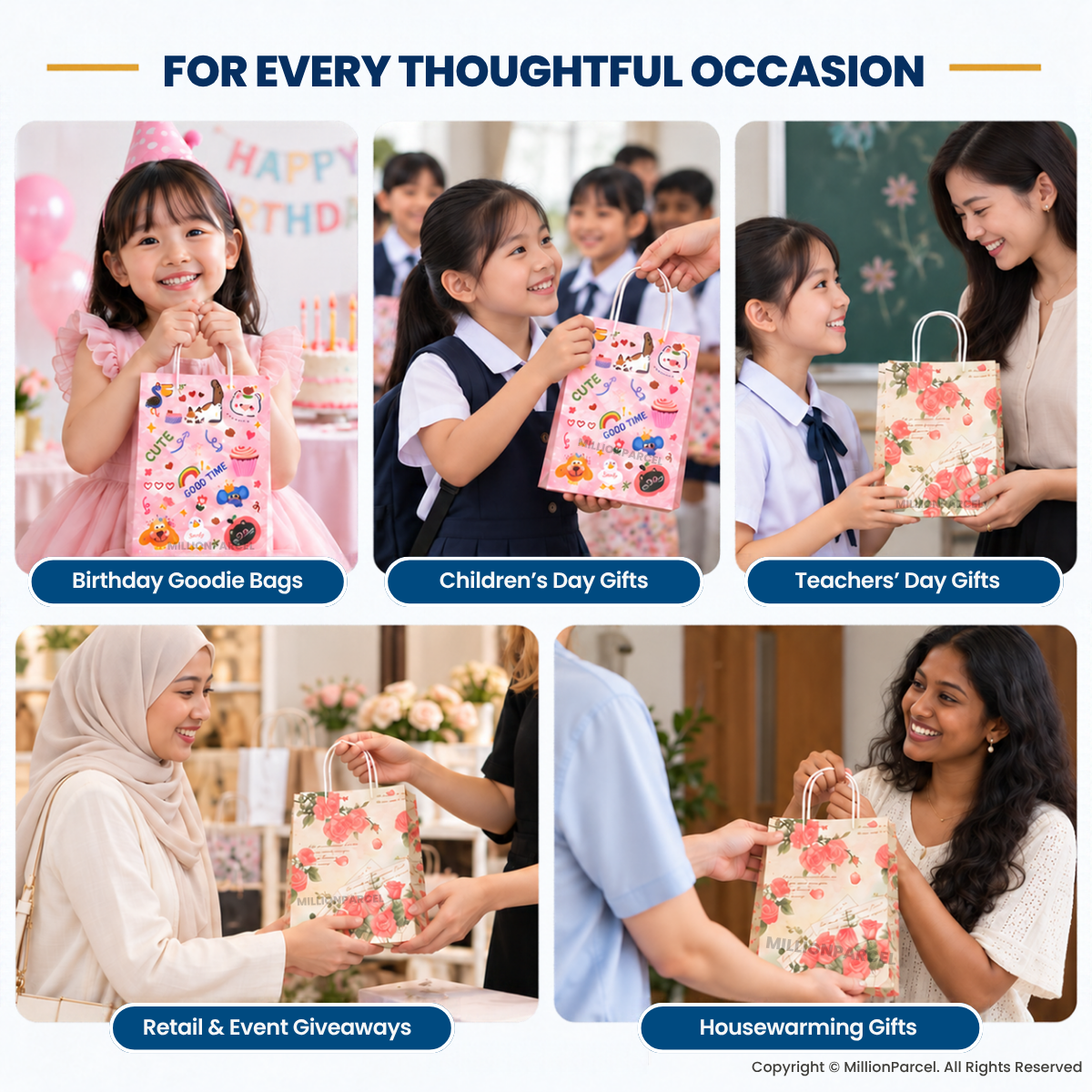 Printed paper gift bags with twisted handles for occasions, featuring colorful character and floral art.