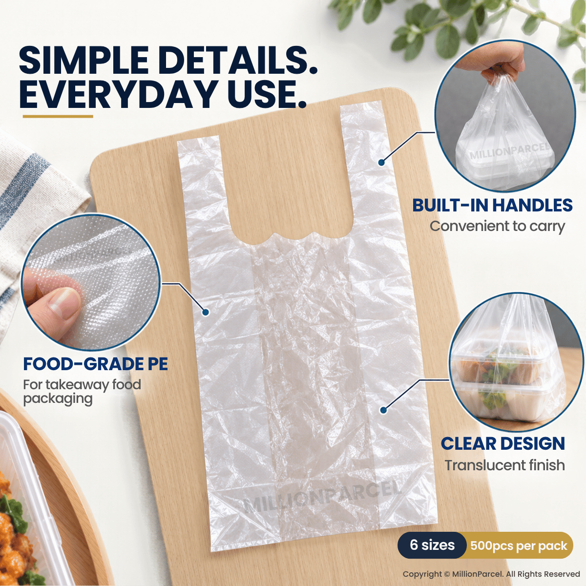 Clear plastic takeaway bag with integrated handles and textured film, shown with food packaging.