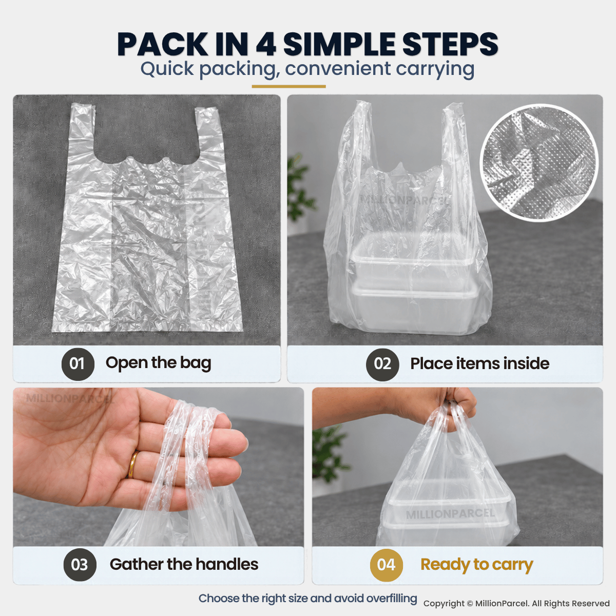 Clear handled takeaway bag shown open, filled with a container, and gathered for carrying.
