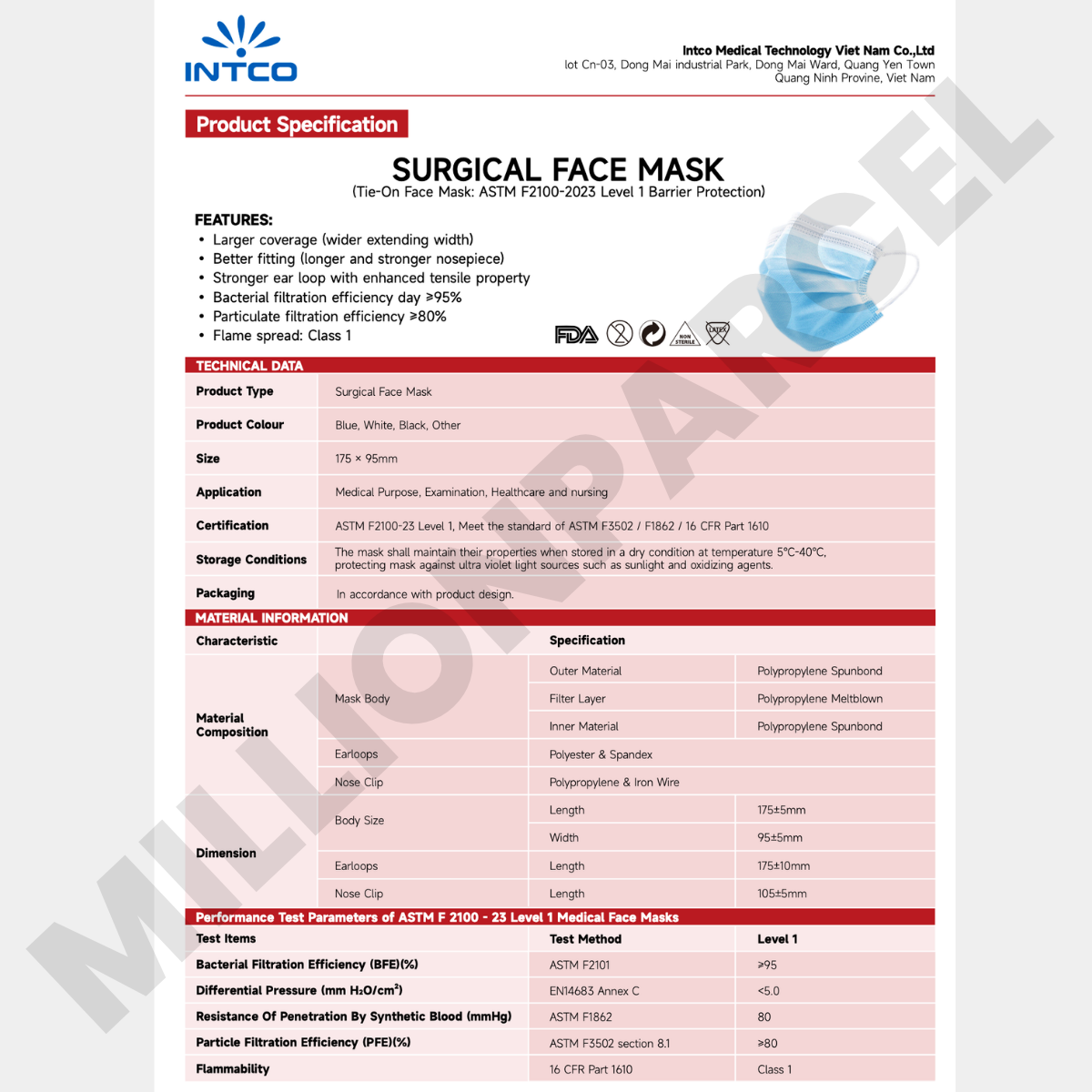 Blue surgical face mask product specification page with mask graphic and technical icons.