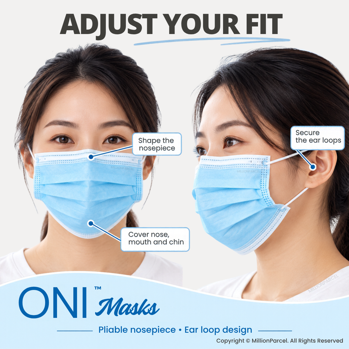 Blue 3-ply surgical face mask on a person, with ear loops and adjustable nosepiece