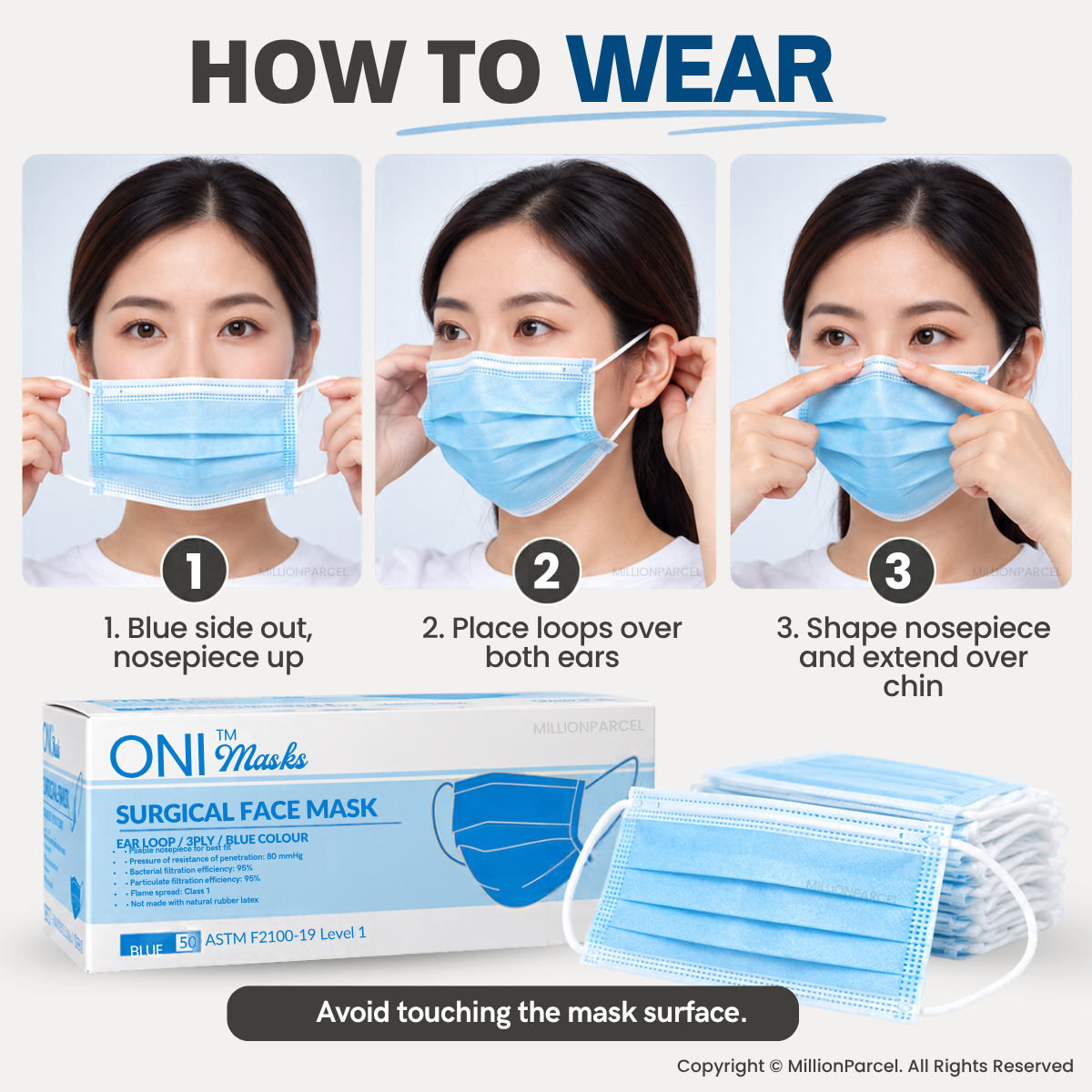 ONI surgical face mask: blue 3-ply masks with ear loops, shown with box