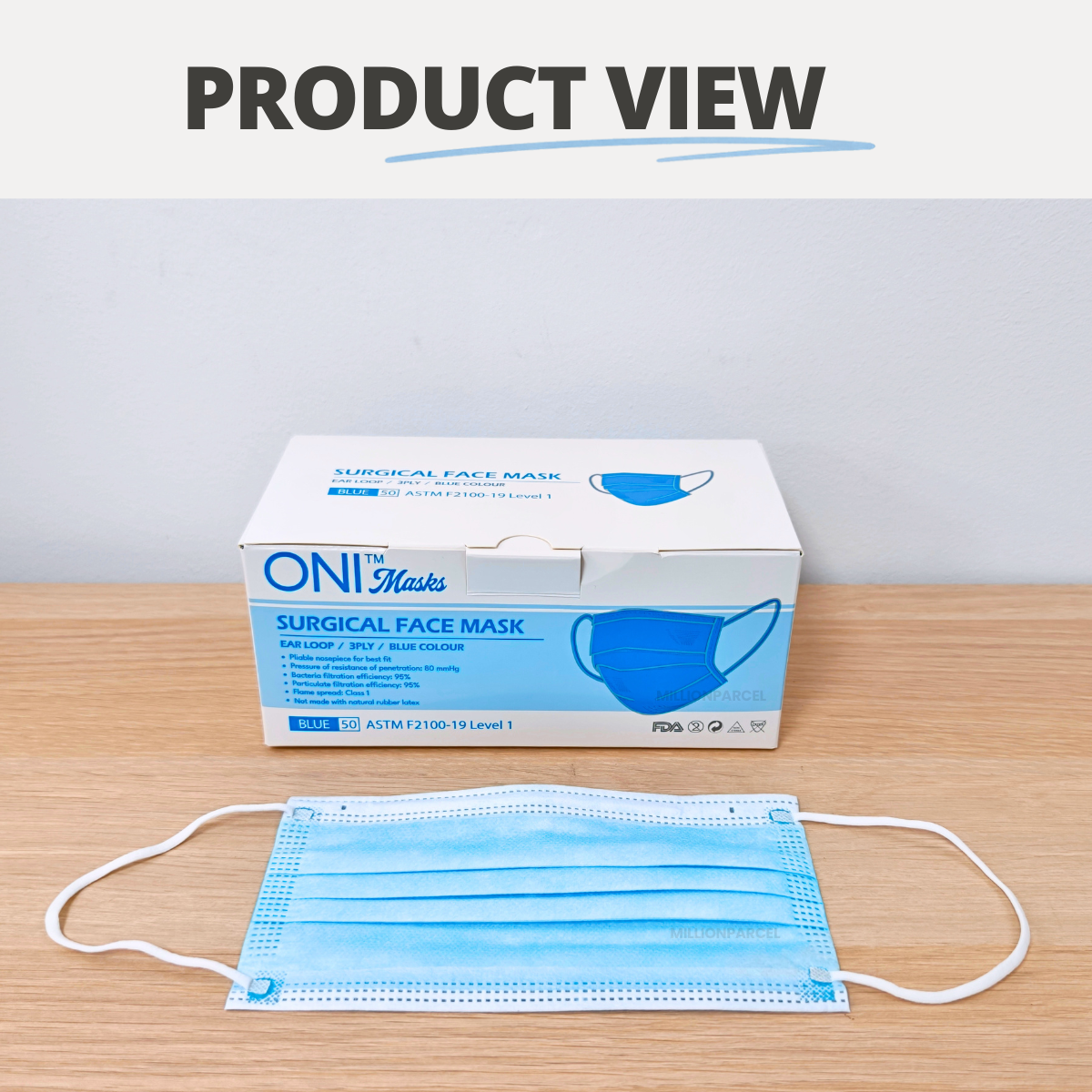 Blue surgical face mask and ONI box, with white ear loops laid flat in front.